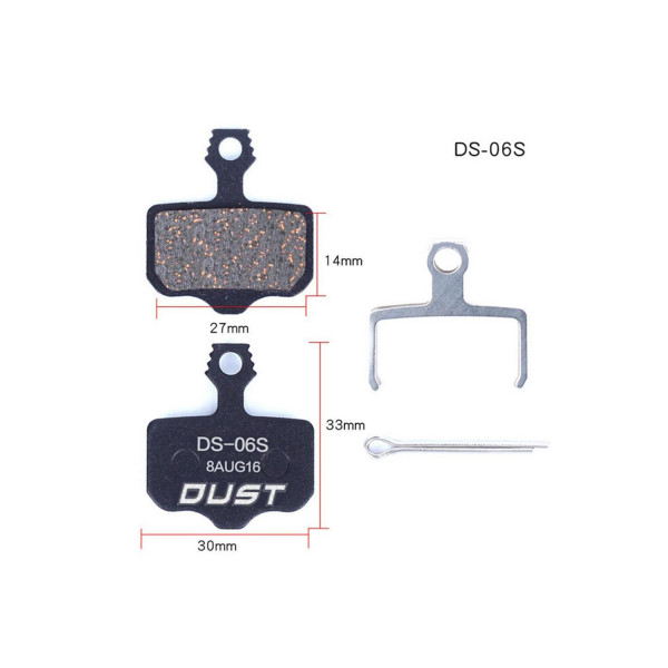 Колодки гальмiвнi полуметал DUST DS-06S 
Пiдходить пiд дисковi гальма AVID ELIXI/R/CR Mag /E1/E3/E5/E7/E9/XO/XX